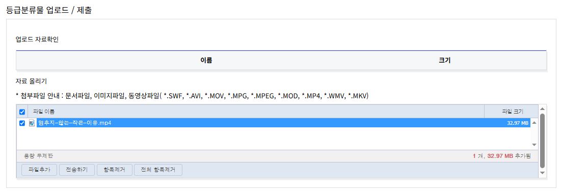 파일을 추가한 상태. 자료 올리기 목록에 영상 파일 한 개가 체크된 채 올라와 있고 아래에 전송하기 버튼이 있다.